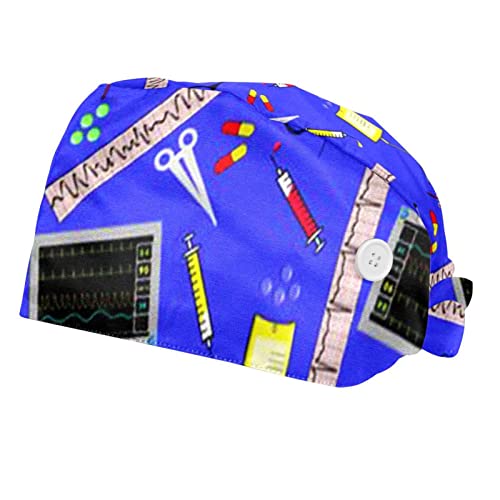 Gorra de trabajo con botón y banda para el sudor ajustable 2 piezas,Hospital Nurse Theme Royal Blue,Sombrero con lazo elástico estampado en la espalda
