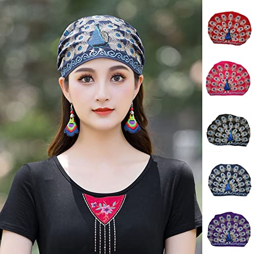 Gorro Turnban para mujer, diseño de pavo real, bordado para mujer, estilo étnico, diadema femenina, azul marino, Small