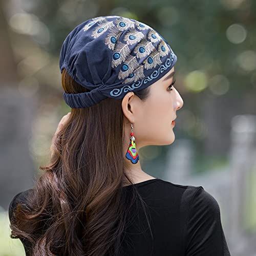 Gorro Turnban para mujer, diseño de pavo real, bordado para mujer, estilo étnico, diadema femenina, azul marino, Small