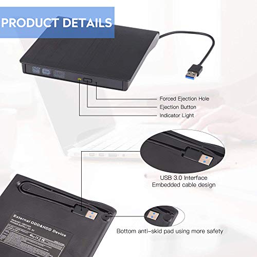 Grabadora DVD/CD Externa, iAmotus Unidades CD/DVD Externas USB 3.0 DVD Lector Grabadora Ultra Slim Portátil CD DVD /-RW ROM Drive Player para Windows Mac OS Laptop y Otros Sistemas - Negro
