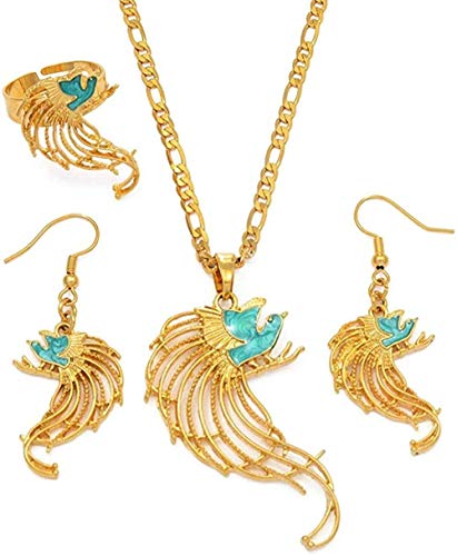 Green Bird Papua New Guinea Necklace Earrings Ring Sets for Women Style Jewelry Wedding Gifts Length 60Cm by 3Mm
