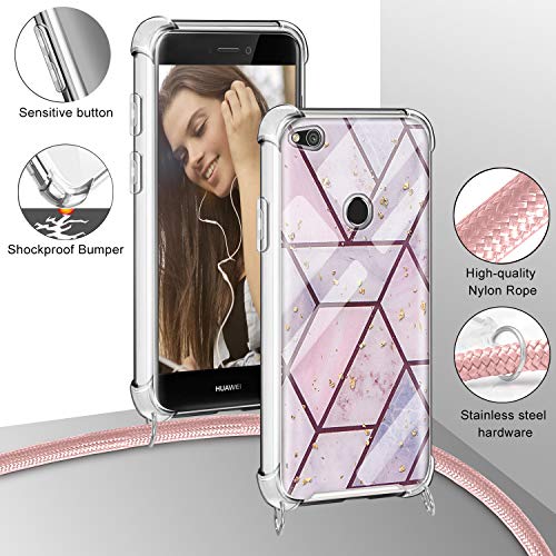 Greneric Funda con Cuerda para Huawei P8 Lite 2017, Carcasa Mármol Ultrafina Rígida PC con Correa Colgante Ajustable Collar Correa de Cuello Cadena Cordón, Oro Rosa