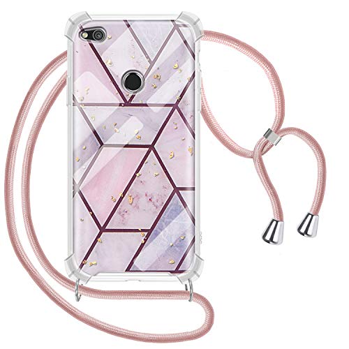 Greneric Funda con Cuerda para Huawei P8 Lite 2017, Carcasa Mármol Ultrafina Rígida PC con Correa Colgante Ajustable Collar Correa de Cuello Cadena Cordón, Oro Rosa