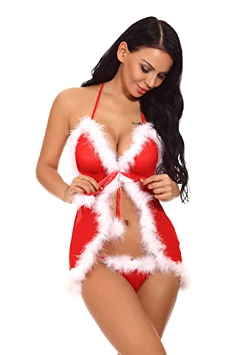GROPC Lencería Navideña Para Mujer Conjunto de Lencería Sexy de Santa Trajes Vestido de Encaje Babydoll Teddy Camisones Para Fiesta de Navidad Disfraz de Cosplay-Rojo,M