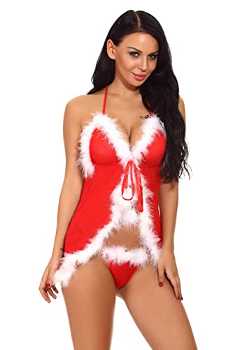 GROPC Lencería Navideña Para Mujer Conjunto de Lencería Sexy de Santa Trajes Vestido de Encaje Babydoll Teddy Camisones Para Fiesta de Navidad Disfraz de Cosplay-Rojo,M