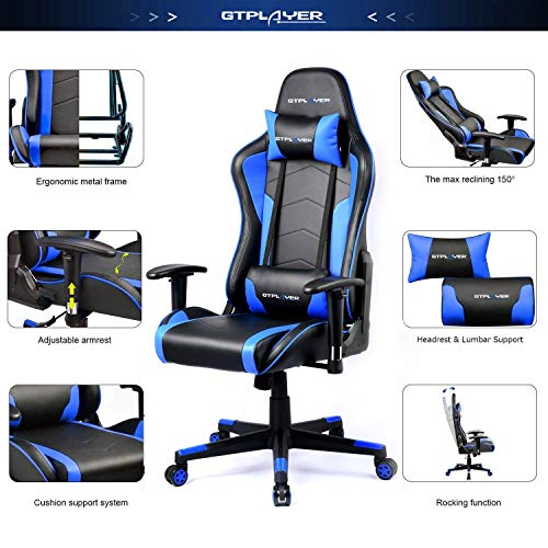 GTPLAYER Silla Gaming con Altavoz Bluetooth Escritorio Oficina Gamer Ergonomica con Cojín Reposabrazos 3D Ajustables Respaldo Reclinable Multifuncional GTRACING Series (Azúl)