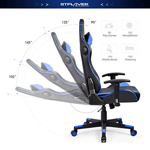GTPLAYER Silla Gaming con Altavoz Bluetooth Escritorio Oficina Gamer Ergonomica con Cojín Reposabrazos 3D Ajustables Respaldo Reclinable Multifuncional GTRACING Series (Azúl)
