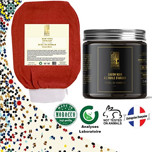 Guante exfoliante corporal de kessa y jabón negro con aceite de argán – Incluye guantes kessa marroquí para hammam y sauna, elimina la piel muerta y purifica la piel