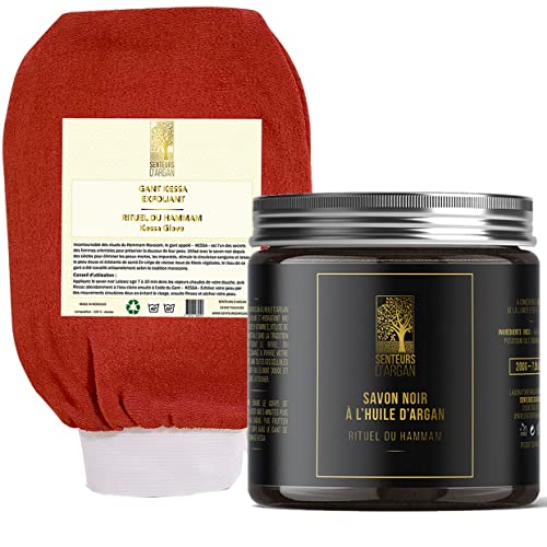 Guante exfoliante corporal de kessa y jabón negro con aceite de argán – Incluye guantes kessa marroquí para hammam y sauna, elimina la piel muerta y purifica la piel