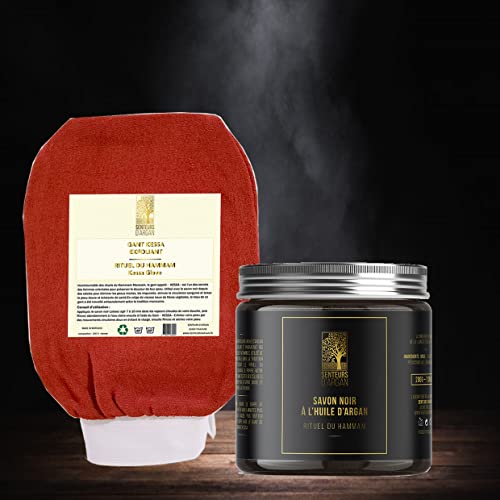 Guante exfoliante corporal de kessa y jabón negro con aceite de argán – Incluye guantes kessa marroquí para hammam y sauna, elimina la piel muerta y purifica la piel