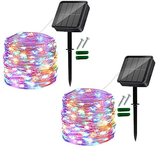 Guirnalda Luces Exterior Solar,2 Pack 120LED 12M Cadena de Luces Decorativas,IP65 Impermeable 8 Modos,Guirnaldas Luminosas para Interior,Balcón,Jardines Fiesta, Navidad(Vistoso)