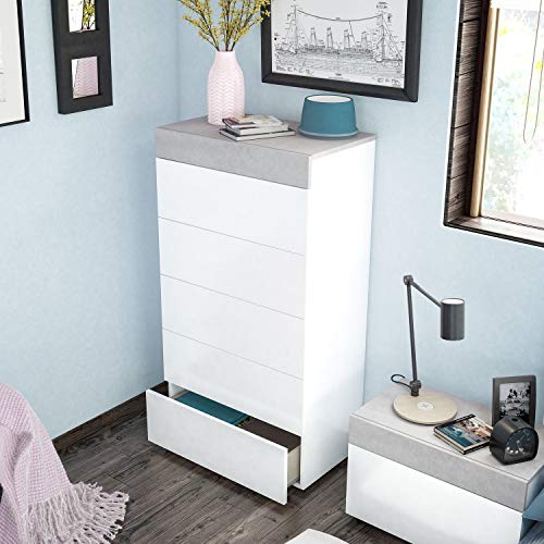 Habitdesign Cómoda, Sinfonier 5 Cajones, Modelo Tekkan, Acabado en Blanco Artik y Gris Cemento, Medidas: 61 cm (Ancho) x 118 cm (Alto) x 40 cm de (Fondo)