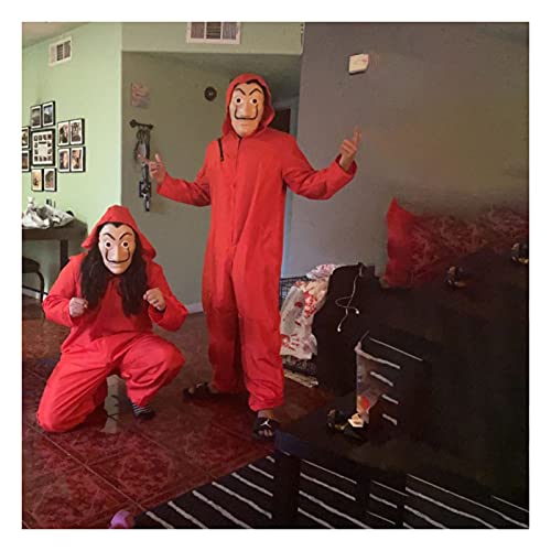 Halloween Mono de Ladrón de Banco para Carnaval,Disfraz de Ladrón Mono Rojo de Manga Larga con Capucha,Conjunto de Cosplay Disfraces Máscara y Ametralladora,Disfraz de Carnival (Adult-L--175-180)