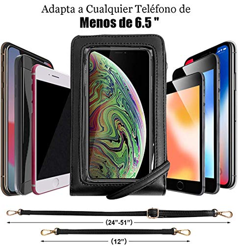 Hattie Bolso de Teléfono Móvil con Pantalla Táctil para Mujer, Bolsos Bandolera de Móvil para Guardar Hasta 6,5" Bolso Monedero Cuero PU Pequeño con 2 Correa de Hombro Desmontable (Negro)