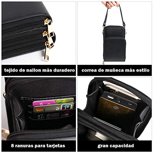 Hattie Bolso de Teléfono Móvil con Pantalla Táctil para Mujer, Bolsos Bandolera de Móvil para Guardar Hasta 6,5" Bolso Monedero Cuero PU Pequeño con 2 Correa de Hombro Desmontable (Negro)