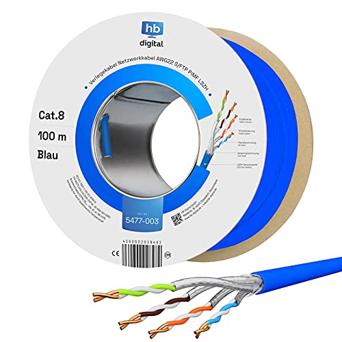 HB-Digital 100m Cable de Red Cat. 8 Cable de instalación B2Ca Cable de Datos ∅ 0,6 mm Cable LAN Ethernet hasta 40 Gbit/s Cobre S/FTP máx. 2000 MHz PIMF LSZH Libre de halógenos AWG 22/1