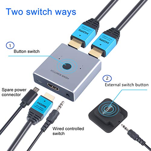 HDMI Switch, HDMI Conmutador Bidireccional 2 Entradas a 1 Salida o 1 in a 2 out, Soporta 4K, 3D y 1080P para HDTV, BLU-Ray Player, PS3, PS4, DVD, DVR, Xbox