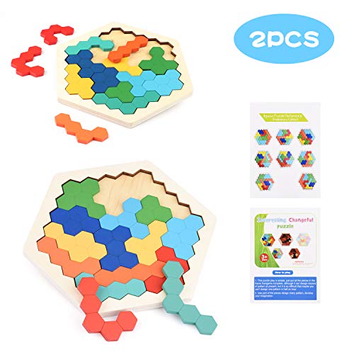 Herefun 2 Set Hexagon Madera Juguete, Tangram Educativo Montessori, Brain Teaser Rompecabezas, Juguete Geometría Lógica IQ Juego Regalo de Cumpleaños para Adolescentes Niños