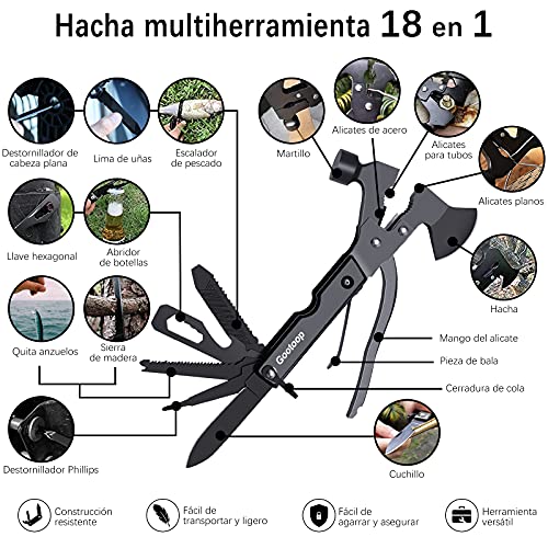 Herramienta Multiuso 18 en 1, Hacha Supervivencia de Bolsillo, Inoxidable Hacha Supervivencia Kit con Martillo Multiusos, Hacha Martillo Plegable para Acampar Caza Negro