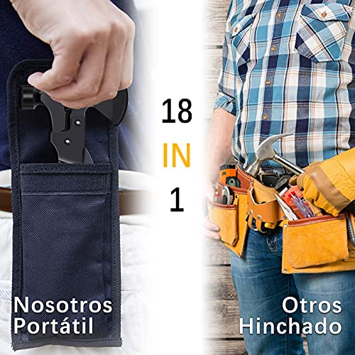 Herramienta Multiuso 18 en 1, Hacha Supervivencia de Bolsillo, Inoxidable Hacha Supervivencia Kit con Martillo Multiusos, Hacha Martillo Plegable para Acampar Caza Negro