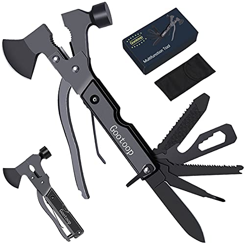 Herramienta Multiuso 18 en 1, Hacha Supervivencia de Bolsillo, Inoxidable Hacha Supervivencia Kit con Martillo Multiusos, Hacha Martillo Plegable para Acampar Caza Negro