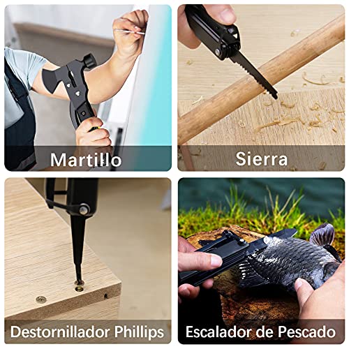Herramienta Multiuso 18 en 1, Hacha Supervivencia de Bolsillo, Inoxidable Hacha Supervivencia Kit con Martillo Multiusos, Hacha Martillo Plegable para Acampar Caza Negro
