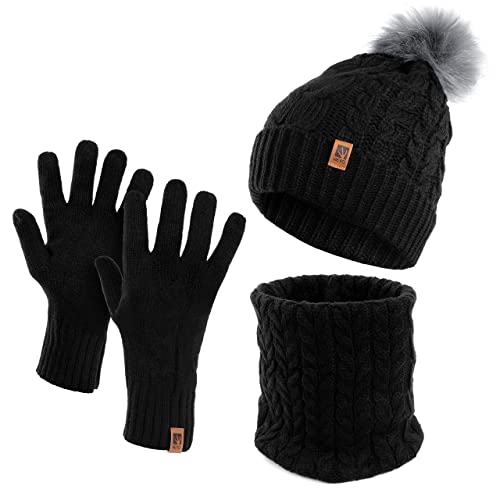 HEYO Juego de 3 piezas de gorro de invierno para mujer, gorro, bufanda y guantes forrados HZ0004, Negro , Talla única