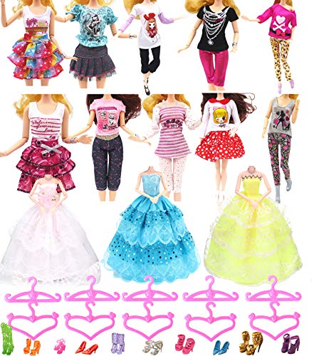 Hey~Yo Ropa de muñeca para Barbie de 33 piezas, 3 piezas, vestido de boda + 10 juegos de ropa informal + 10 perchas + 10 pares de zapatos