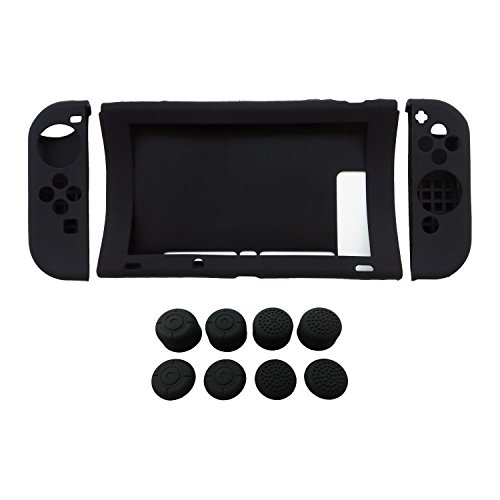 Hikfly Gel de Silicona Agarre Antideslizante Kits de Protección Carcasas Cubrir Piel para Nintendo Switch Consolas y Joy-Con Controlador Con 8pcs Gel de Silicona Empuñaduras Gorras (Negro)