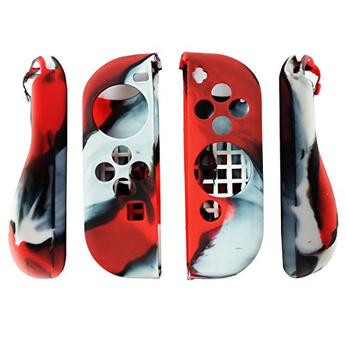 Hikfly Gel de Silicona Agarre Antideslizante Kits de Protección Carcasas Cubrir Piel para Nintendo Switch Consolas y Joy-Con Controlador Con 8pcs Gel de Silicona Empuñaduras Gorras (Rojo Camuflaje)