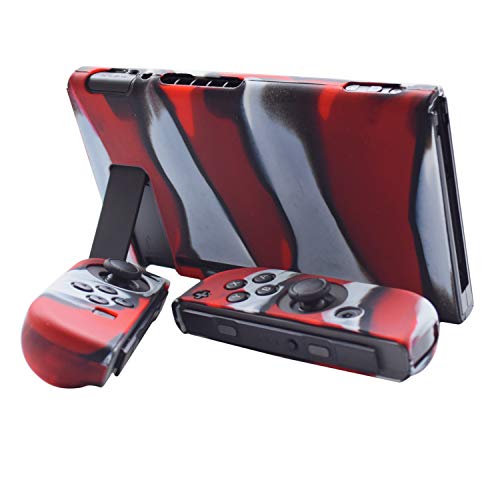 Hikfly Gel de Silicona Agarre Antideslizante Kits de Protección Carcasas Cubrir Piel para Nintendo Switch Consolas y Joy-Con Controlador Con 8pcs Gel de Silicona Empuñaduras Gorras (Rojo Camuflaje)