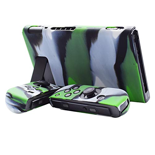 Hikfly Gel de Silicona Agarre Antideslizante Kits de Protección Carcasas Cubrir Piel para Nintendo Switch Consolas y Joy-Con Controlador Con 8pcs Gel de Silicona Empuñaduras Gorras(Camo Green)