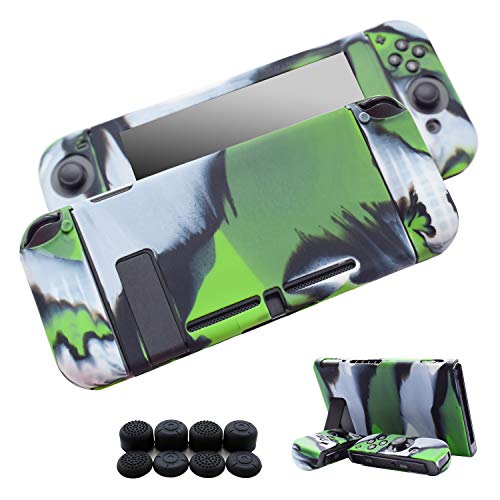 Hikfly Gel de Silicona Agarre Antideslizante Kits de Protección Carcasas Cubrir Piel para Nintendo Switch Consolas y Joy-Con Controlador Con 8pcs Gel de Silicona Empuñaduras Gorras(Camo Green)