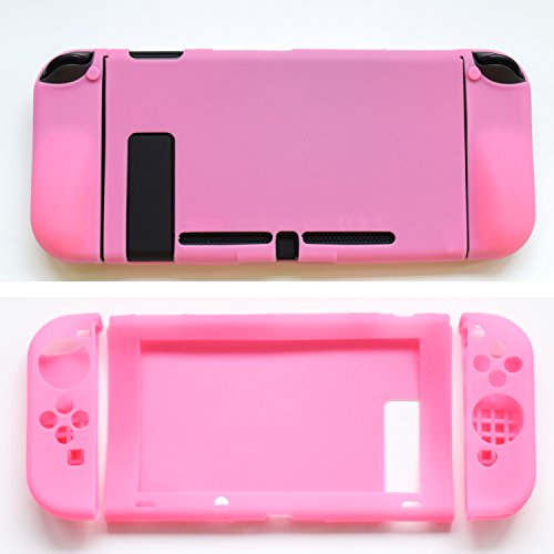 Hikfly Gel de Silicona Agarre Antideslizante Kits de Protección Carcasas Cubrir Piel para Nintendo Switch Consolas y Joy-Con Controlador Con 8pcs Gel de Silicona Empuñaduras Gorras(Rosado)