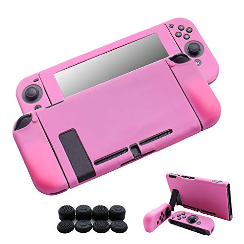 Hikfly Gel de Silicona Agarre Antideslizante Kits de Protección Carcasas Cubrir Piel para Nintendo Switch Consolas y Joy-Con Controlador Con 8pcs Gel de Silicona Empuñaduras Gorras(Rosado)