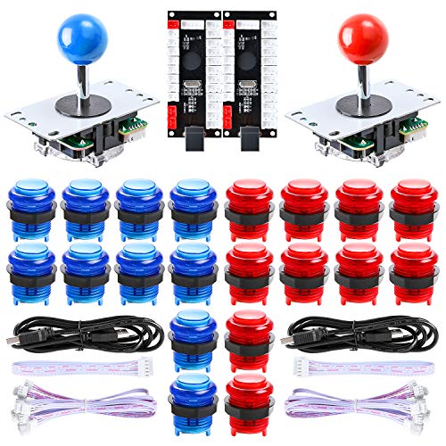 Hikig 2 Jugadores Arcada Juegos Retro Kit de Piezas de Bricolaje, 20 Botones LED + 2X 8 Modos Joystick + 2X codificador USB para Mame Jamma Retropie y Otros Videojuegos, Azul y Rojo