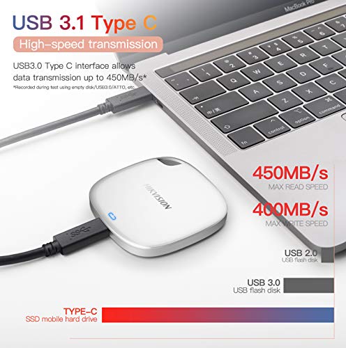 HIKVISION T100I Disco Duro Externo SSD portátil 1TB - hasta 540MB/s Velocidad de Lectura,USB 3.2/USB 3.1 Tipo C– Unidad de Estado sólido Externa (Blanco)