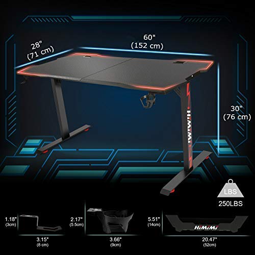 Himimi 60'' Mesa Gaming Desk , Ergonómica Grande PC Gaming Escritorios 152 x 71 x 76 cm, Computer Computadora Gamer Pro Tablas con Alfombrilla de ratón, Portavasos y Gancho para Auriculares