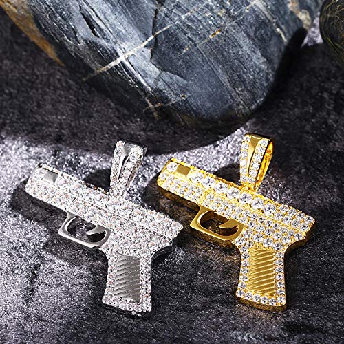 Hip Hop Prong Setting Stone Bling Ice Out CSGO Pistola automática Colgantes Collar para hombres Joyería Rapper-silver_20 pulgadas