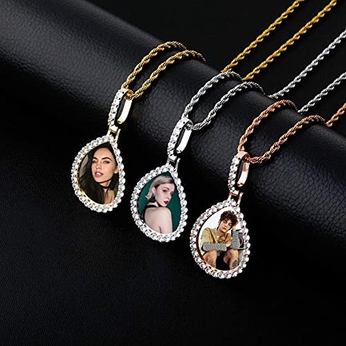 Hiphop Collar， Custom Iced out Personalized Photo Water Forma Memoria Pendiente Hip Hop Base de Cobre 18k Chapado en Oro Cubic Cubic Circonia Simulado Diamante Collar para Hombres Mujeres Oro/Plata