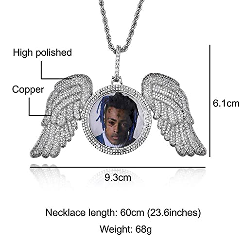 Hiphop Collar， Joyería personalizada Iced Out Picture/Photo Memory Memoria Ronda Alas Pendiente Hip Hop Copper Base 18k Chapado en oro CZ Collar de diamante simulado con cadena de cuerda de acero inox