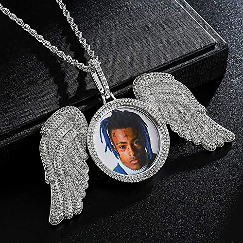 Hiphop Collar， Joyería personalizada Iced Out Picture/Photo Memory Memoria Ronda Alas Pendiente Hip Hop Copper Base 18k Chapado en oro CZ Collar de diamante simulado con cadena de cuerda de acero inox