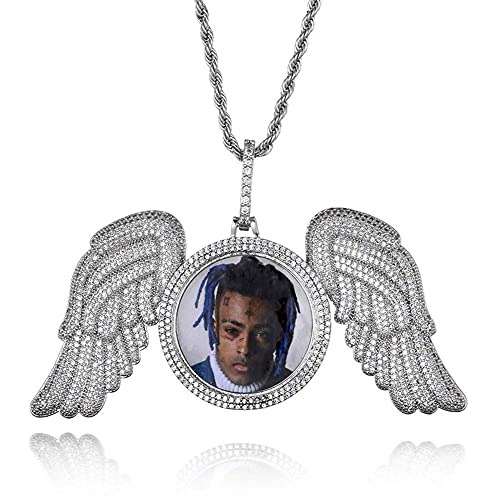 Hiphop Collar， Joyería personalizada Iced Out Picture/Photo Memory Memoria Ronda Alas Pendiente Hip Hop Copper Base 18k Chapado en oro CZ Collar de diamante simulado con cadena de cuerda de acero inox