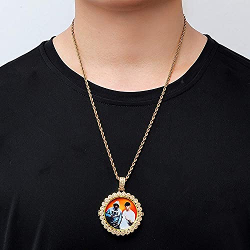 Hiphop Collar， Personalizado iced Out Personalized Photo Memory Medallet Collar Pendiente Collar Hip Hop Base de cobre 18k Chapado en oro CZ Collar de diamante simulado con cadena de cuerda de acero i