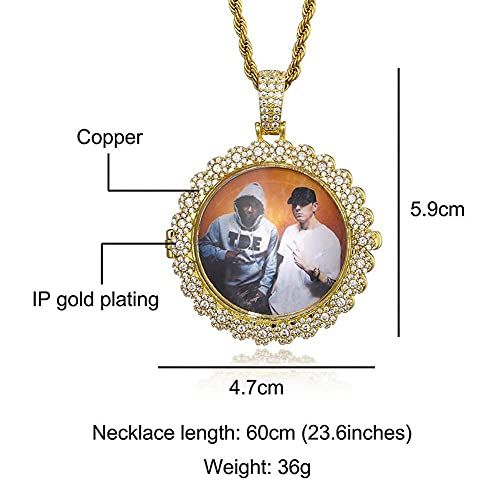 Hiphop Collar， Personalizado iced Out Personalized Photo Memory Medallet Collar Pendiente Collar Hip Hop Base de cobre 18k Chapado en oro CZ Collar de diamante simulado con cadena de cuerda de acero i