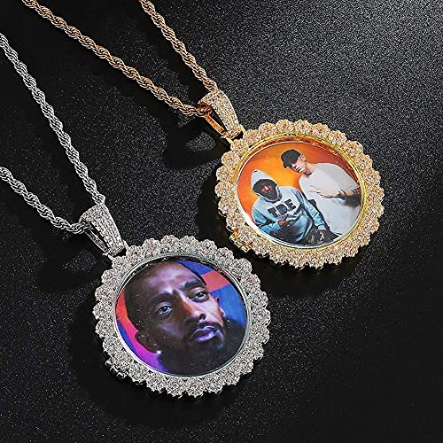 Hiphop Collar， Personalizado iced Out Personalized Photo Memory Medallet Collar Pendiente Collar Hip Hop Base de cobre 18k Chapado en oro CZ Collar de diamante simulado con cadena de cuerda de acero i