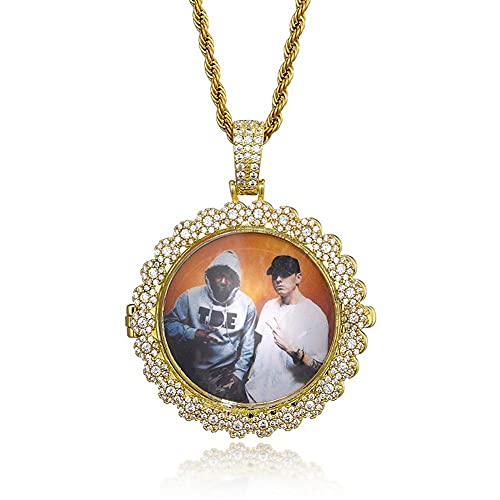 Hiphop Collar， Personalizado iced Out Personalized Photo Memory Medallet Collar Pendiente Collar Hip Hop Base de cobre 18k Chapado en oro CZ Collar de diamante simulado con cadena de cuerda de acero i