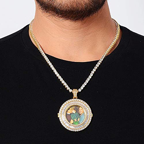 Hiphop Collar， Personalizado Personalizado Iced Out Photo Memory Redondo Pendiente Hip Hop Base de cobre 18k chapado en oro CZ Collar simulado de medallones de diamante con cadena de cuerda de acero i