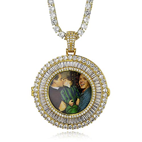 Hiphop Collar， Personalizado Personalizado Iced Out Photo Memory Redondo Pendiente Hip Hop Base de cobre 18k chapado en oro CZ Collar simulado de medallones de diamante con cadena de cuerda de acero i
