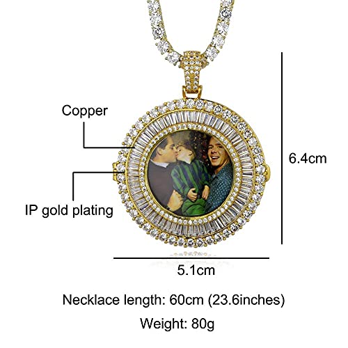 Hiphop Collar， Personalizado Personalizado Iced Out Photo Memory Redondo Pendiente Hip Hop Base de cobre 18k chapado en oro CZ Collar simulado de medallones de diamante con cadena de cuerda de acero i